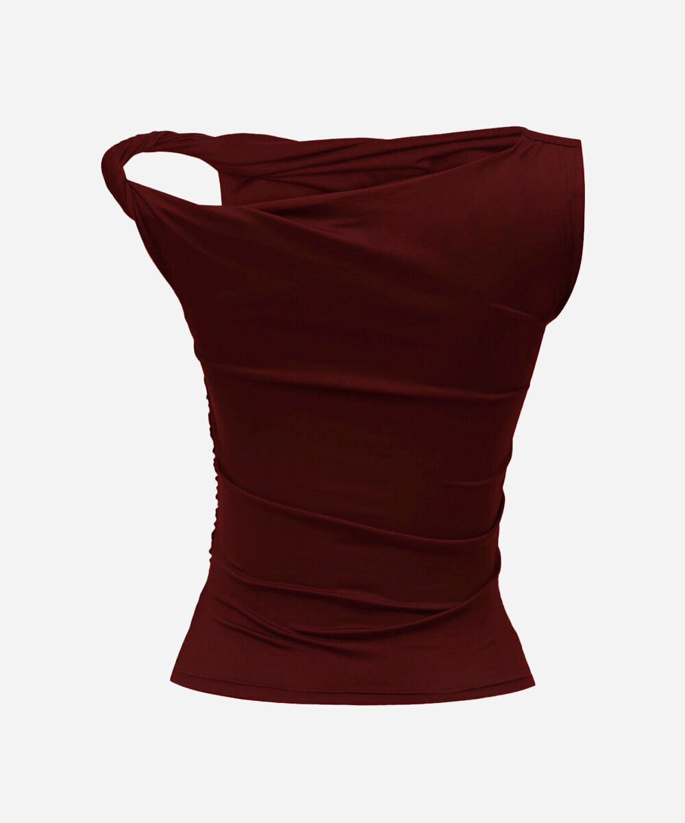 blusa feminina assimétrica franzida vinho