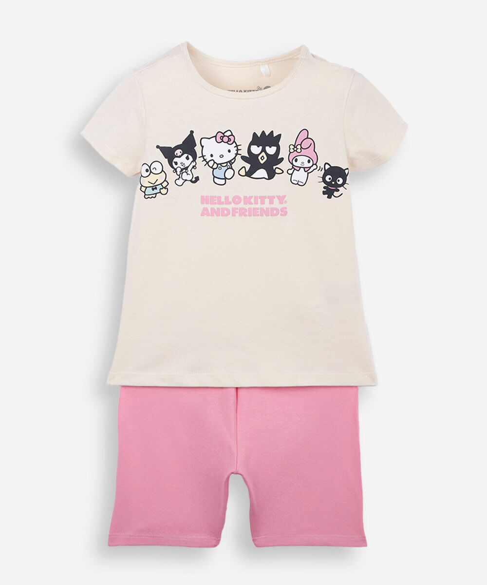 conjunto curto infantil de algodão hello kitty e amigos bege