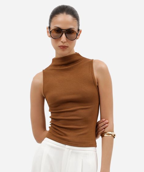 blusa feminina de algodão gola alta canelada marrom