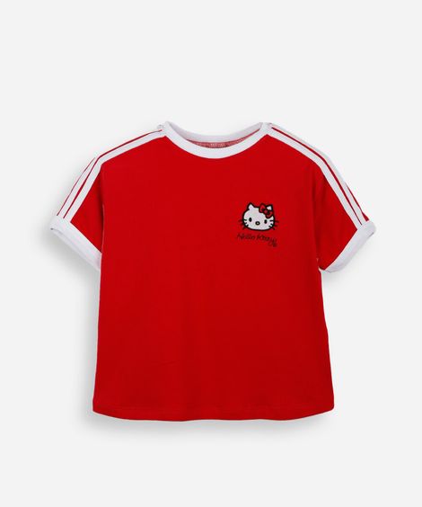 blusa baby look infantil de algodão bordado hello kitty vermelha