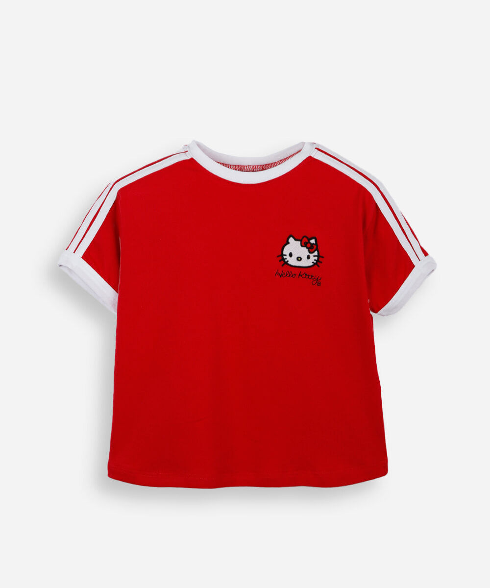 blusa baby look infantil de algodão bordado hello kitty vermelha