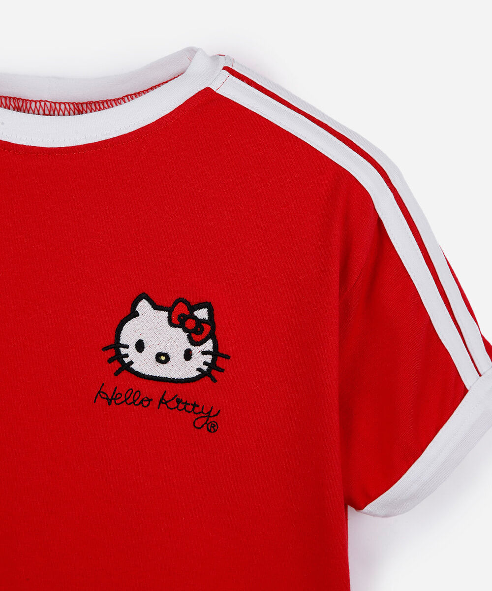 blusa baby look infantil de algodão bordado hello kitty vermelha