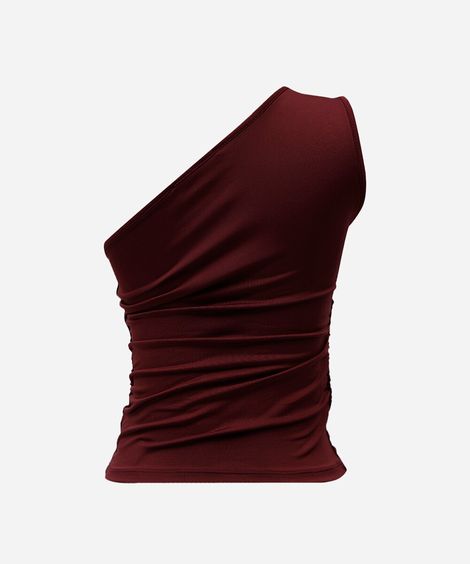 blusa ombro único feminina franzida com nó vinho