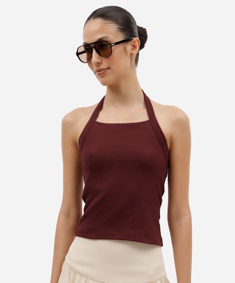 cropped frente única feminino de algodão canelado vinho