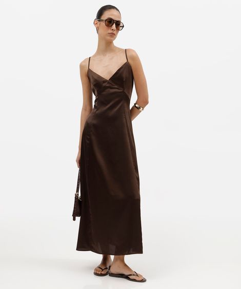 vestido midi slip dress feminino alça fina acetinado marrom