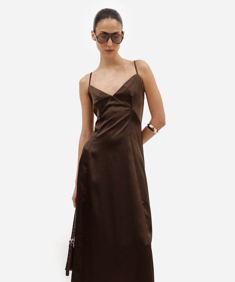 vestido midi slip dress feminino alça fina acetinado marrom
