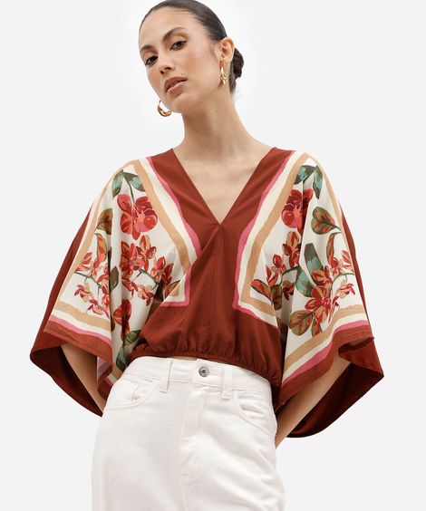 bata feminina com viscose decote v manga curta floral laranja