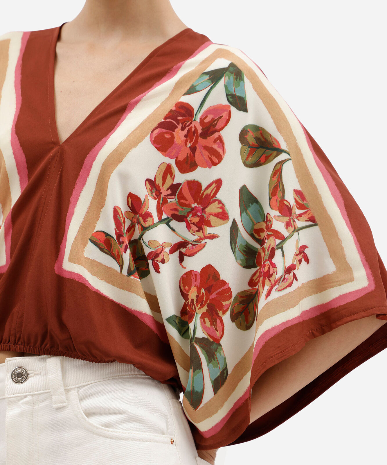 bata feminina com viscose decote v manga curta floral laranja