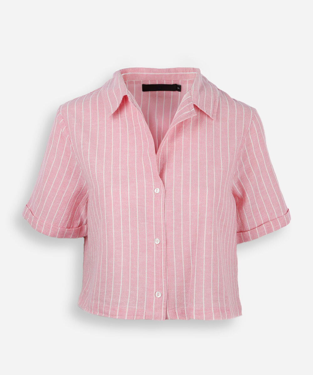 camisa boxer feminina com linho manga curta listrada rosa
