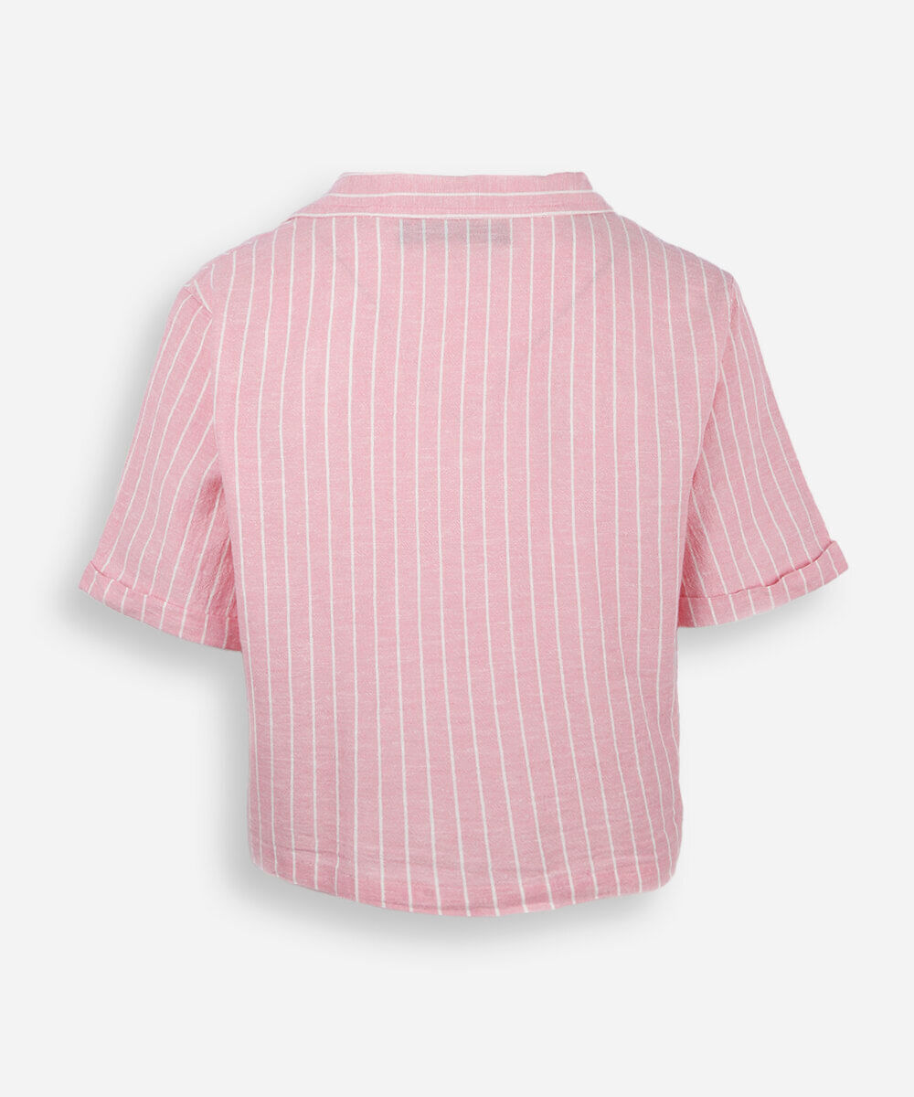 camisa boxer feminina com linho manga curta listrada rosa