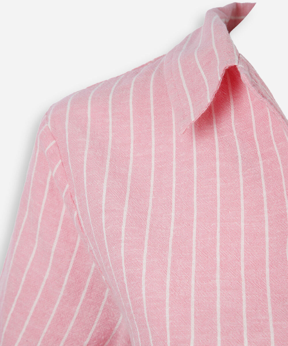 camisa boxer feminina com linho manga curta listrada rosa