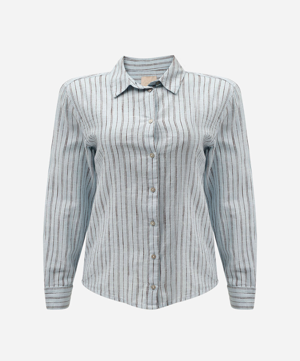 camisa feminina de algodão manga longa listrada azul
