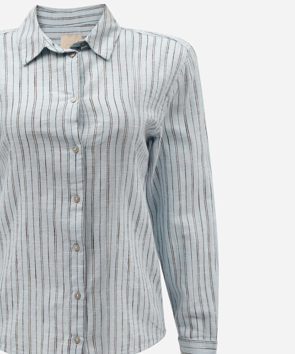 camisa feminina de algodão manga longa listrada azul