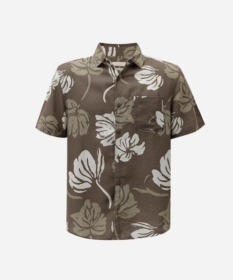 camisa masculina com linho manga curta floral marrom