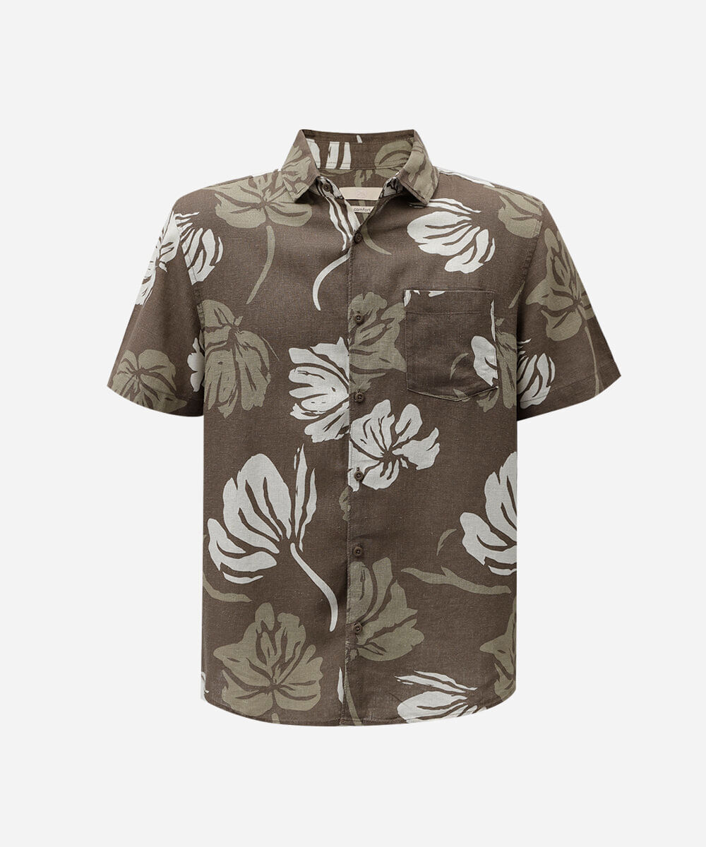 camisa masculina com linho manga curta floral marrom