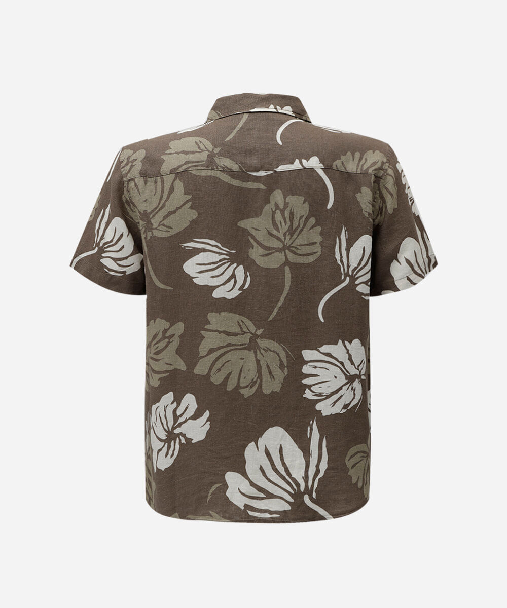 camisa masculina com linho manga curta floral marrom