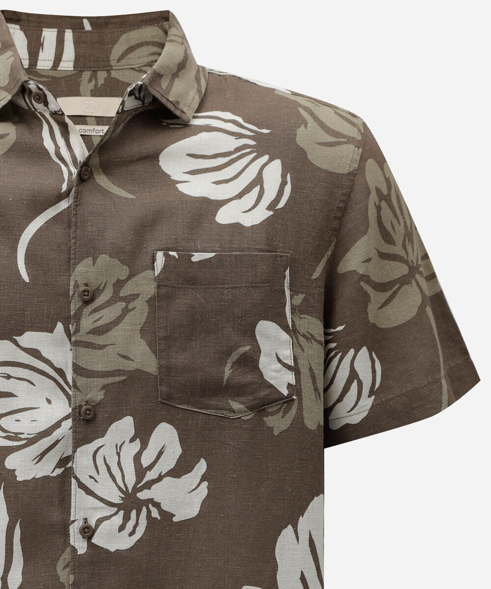camisa masculina com linho manga curta floral marrom