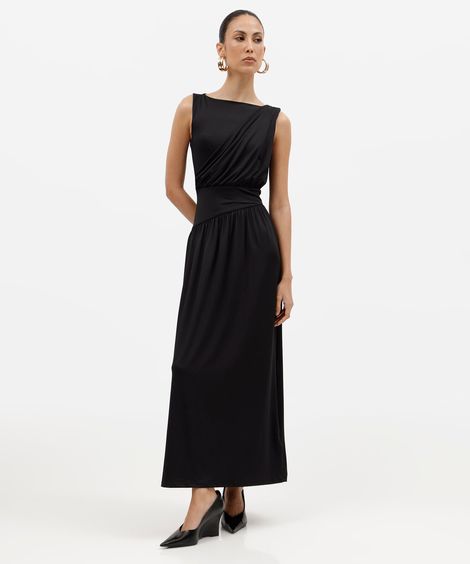 vestido longo feminino decote canoa franzido preto