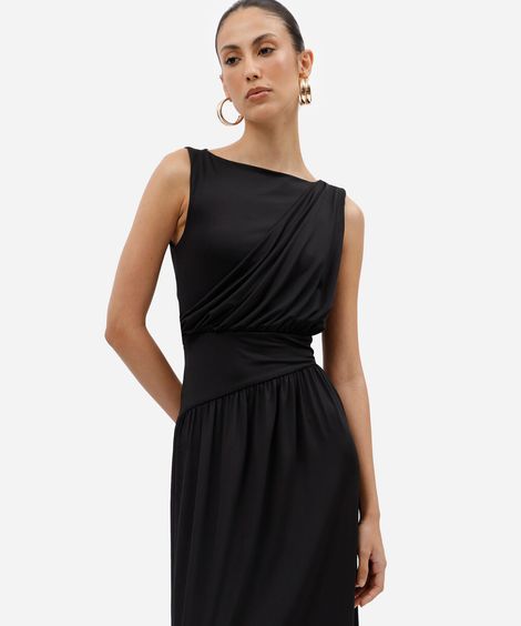 vestido longo feminino decote canoa franzido preto