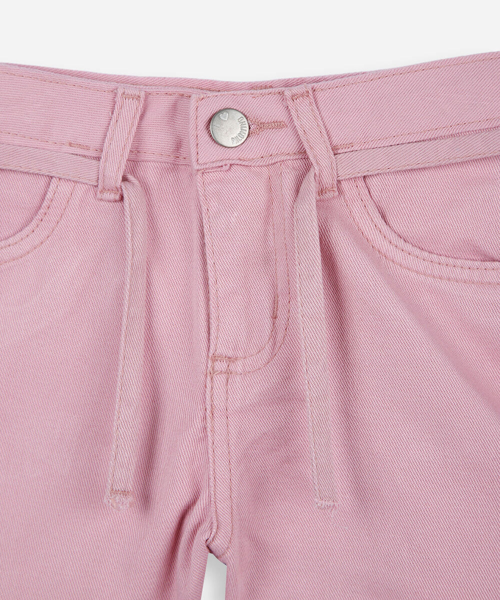 short mom infantil de sarja com cordão rosa