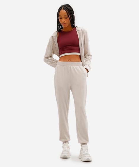 calça reta de plush cintura alta esportiva - cinza