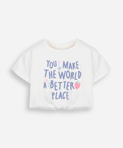 blusa cropped infantil de algodão manga curta estampada off white