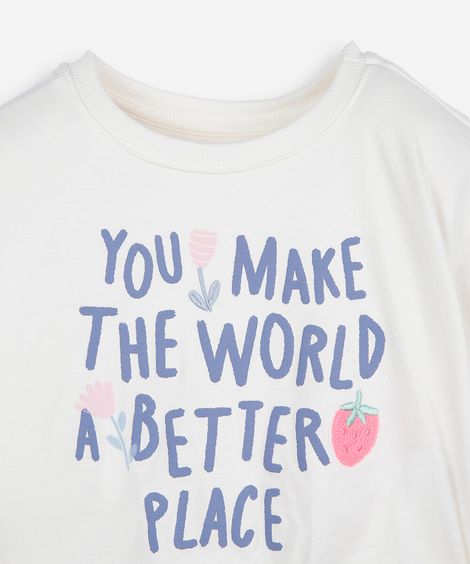 blusa cropped infantil de algodão manga curta estampada off white