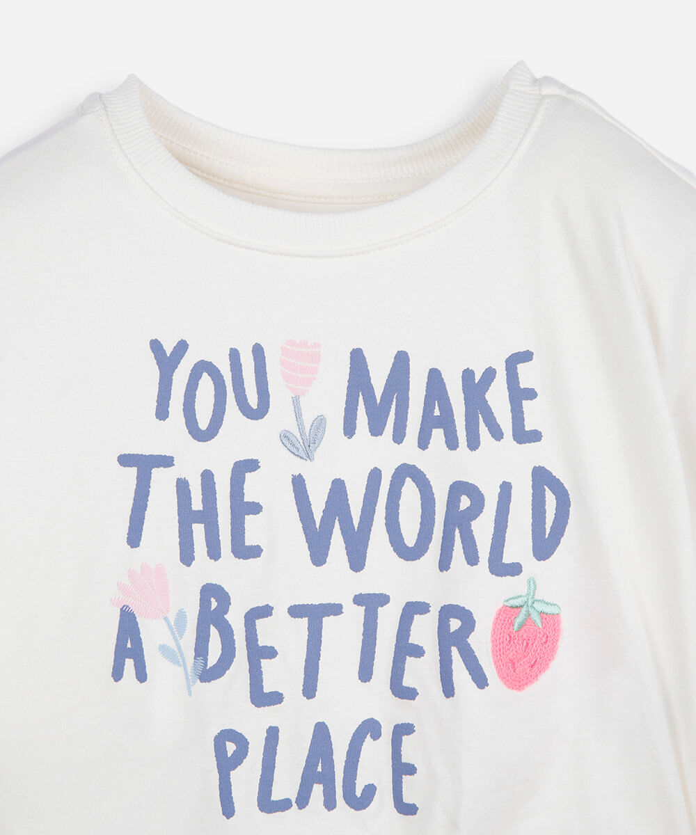 blusa cropped infantil de algodão manga curta estampada off white