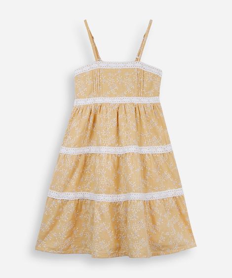 vestido infantil de laise alça fina com recortes e renda amarelo