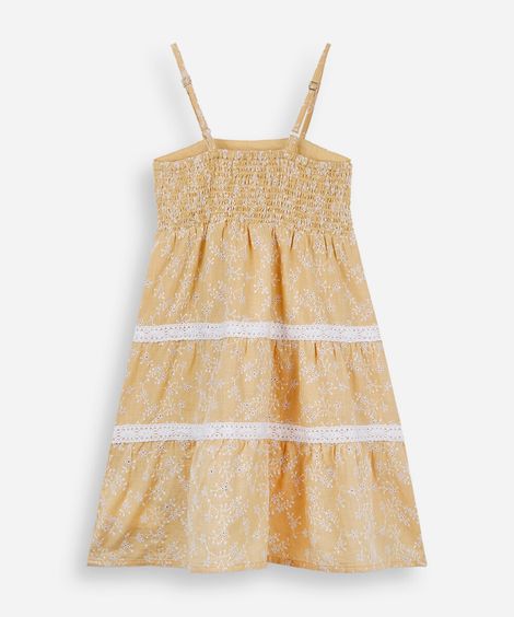 vestido infantil de laise alça fina com recortes e renda amarelo