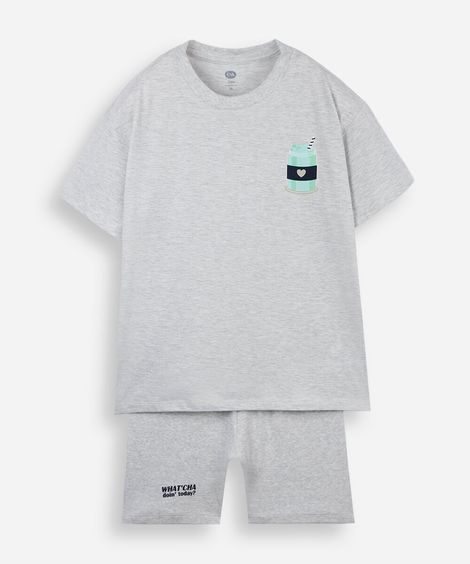 pijama curto juvenil com algodão estampado cinza