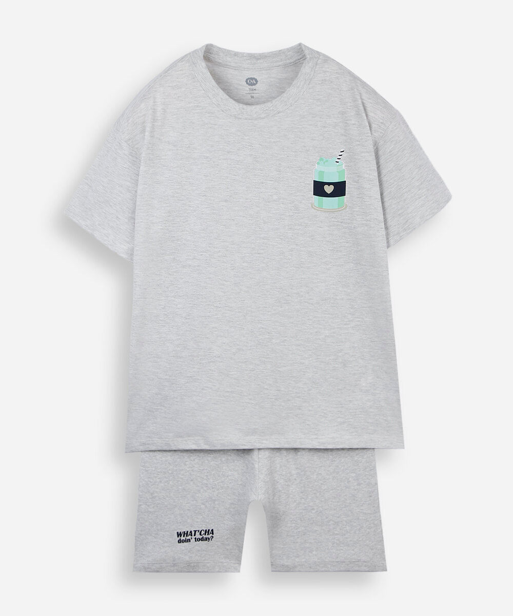 pijama curto juvenil com algodão estampado cinza