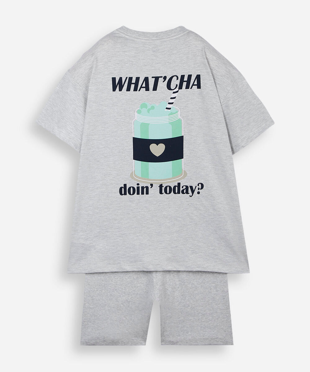 pijama curto juvenil com algodão estampado cinza