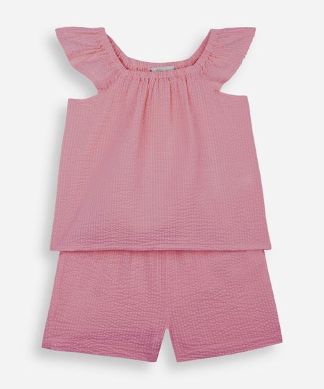 conjunto curto infantil de algodão texturizado rosa