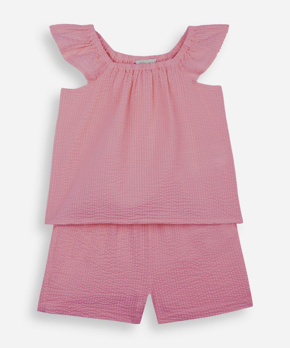 conjunto curto infantil de algodão texturizado rosa
