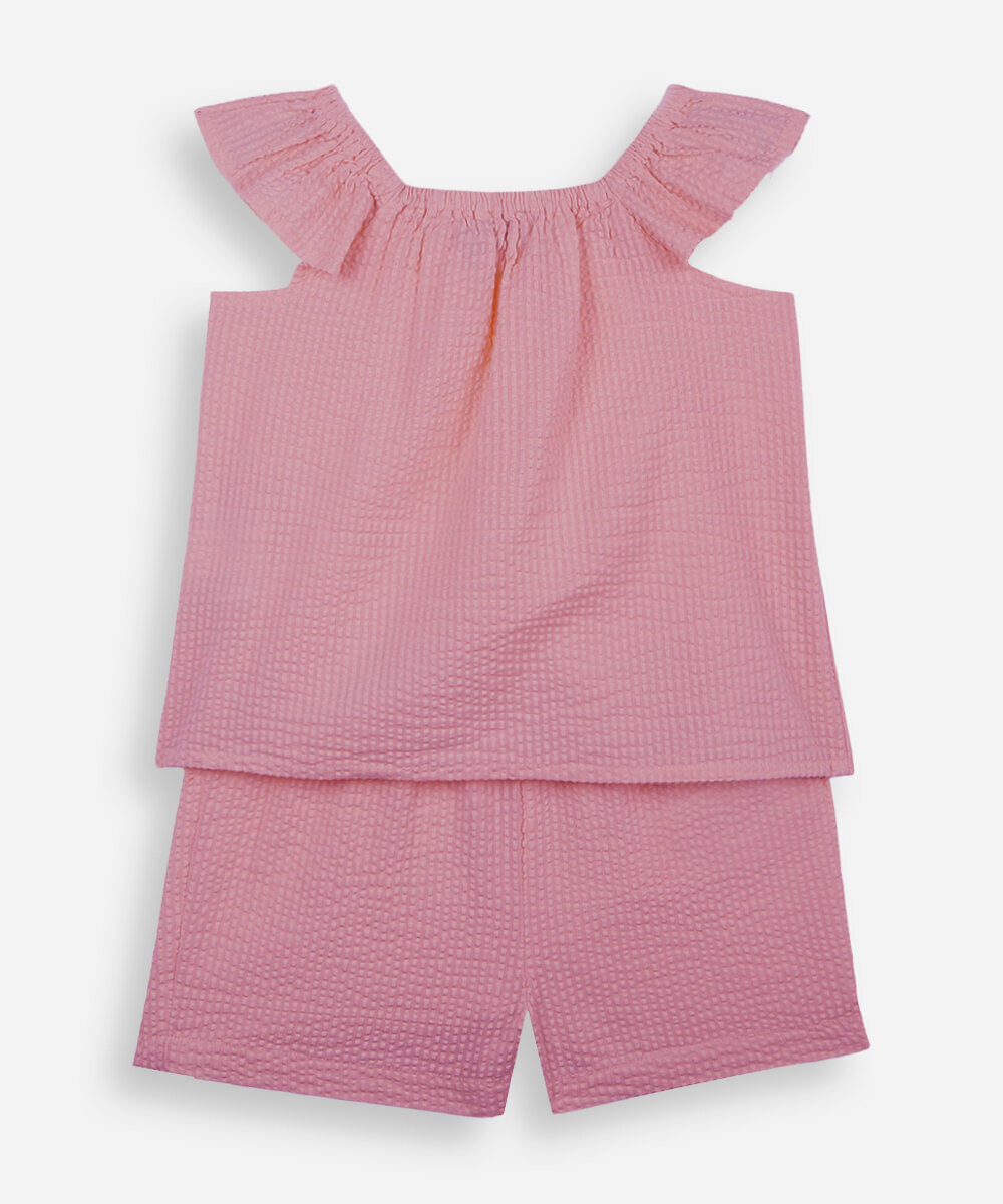 conjunto curto infantil de algodão texturizado rosa