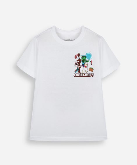 camiseta infantil de algodão manga curta minecraft off white