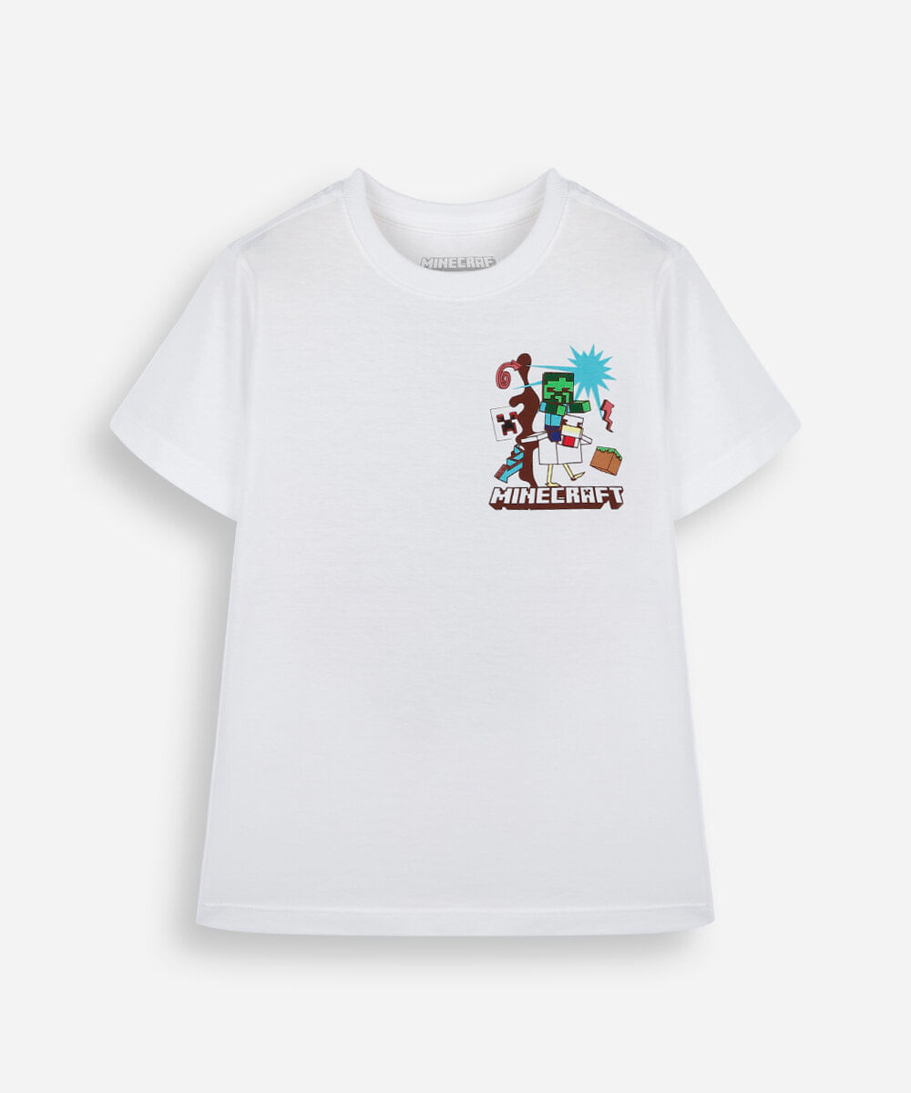 camiseta infantil de algodão manga curta minecraft off white