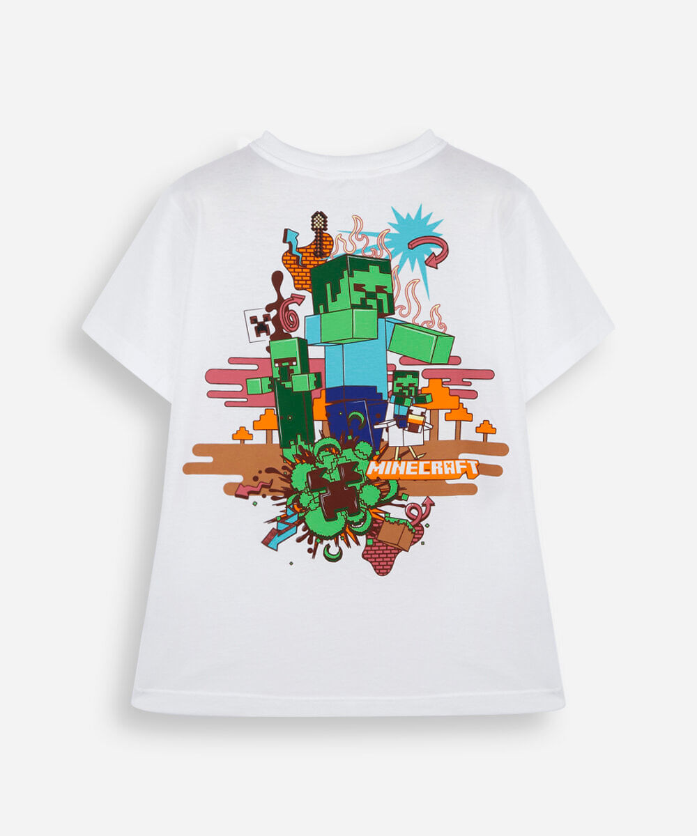 camiseta infantil de algodão manga curta minecraft off white