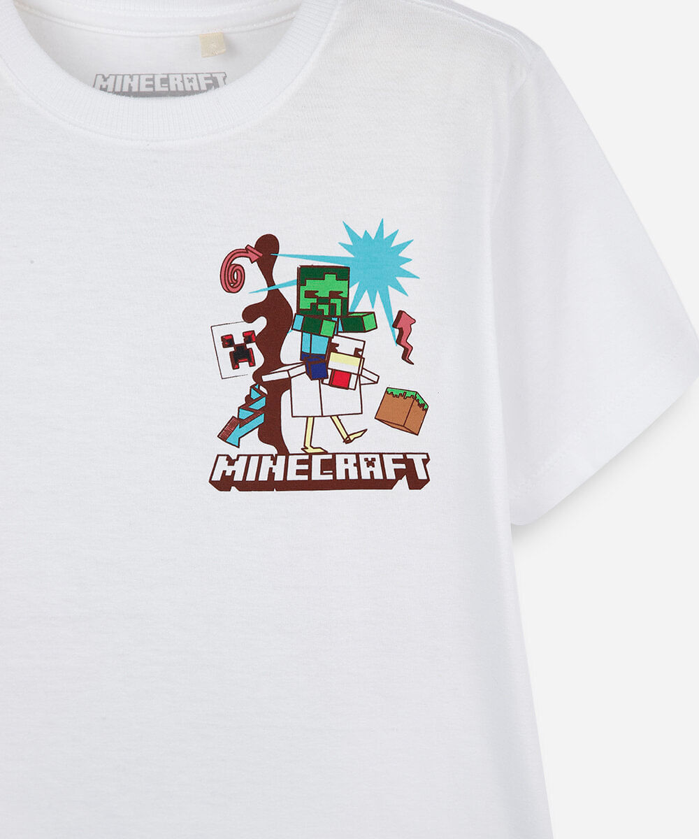camiseta infantil de algodão manga curta minecraft off white