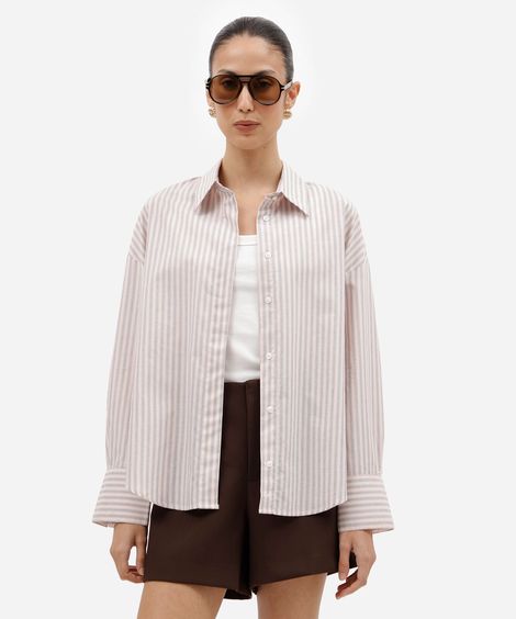 camisa oversized feminina de algodão manga longa listrada rosa
