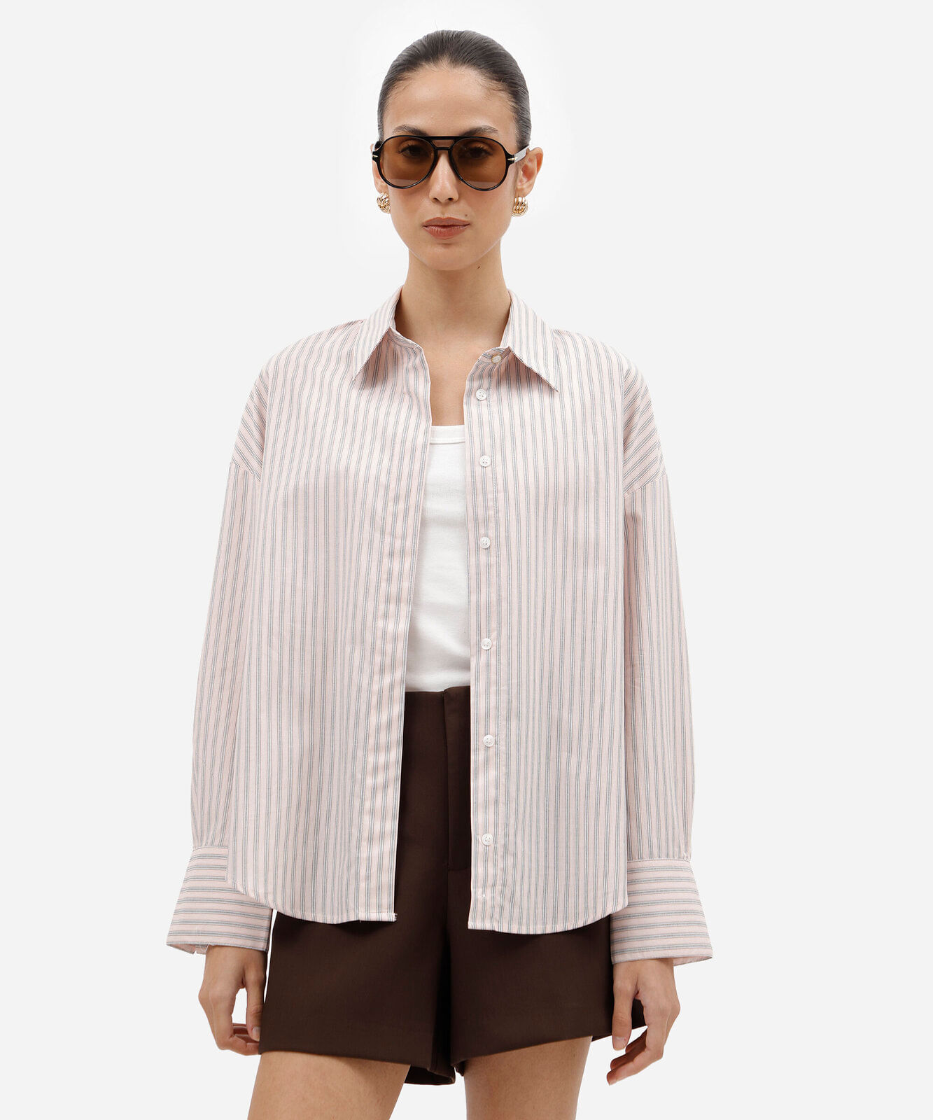 camisa oversized feminina de algodão manga longa listrada rosa