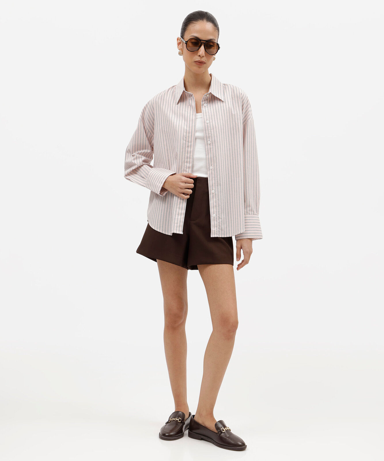 camisa oversized feminina de algodão manga longa listrada rosa