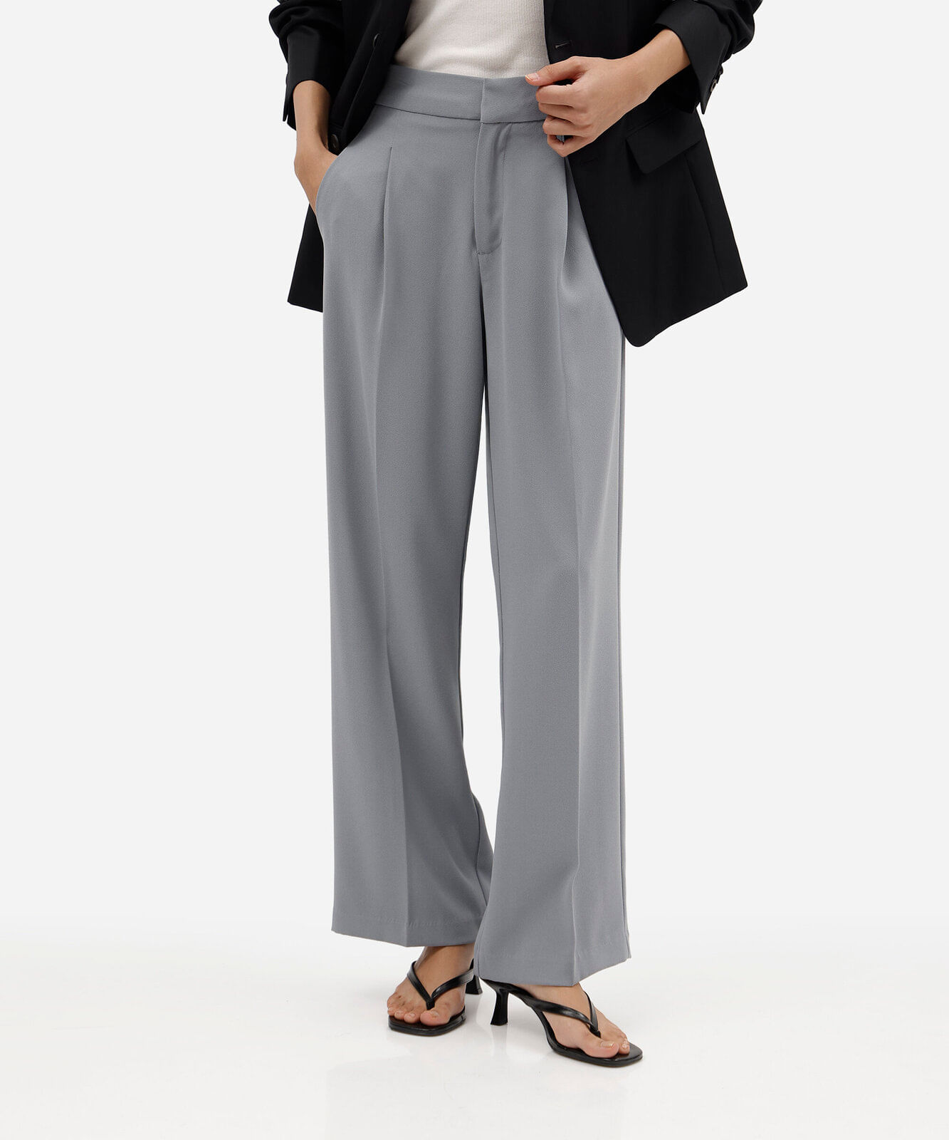 calça wide leg feminina de alfaiaria cinza