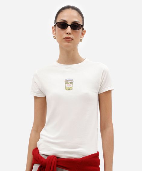 camiseta baby look feminina de algodão manga curta estampada básica off white