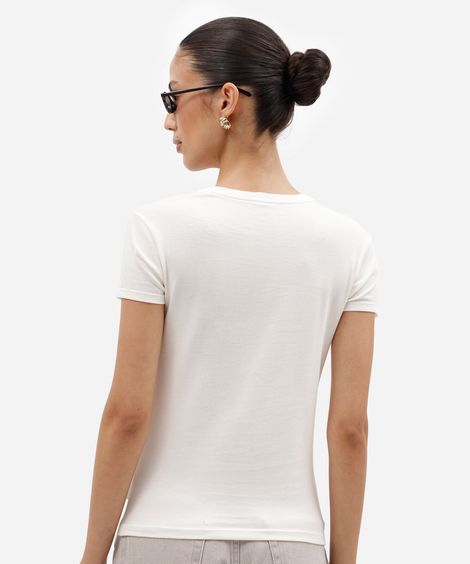camiseta baby look feminina de algodão manga curta estampada básica off white