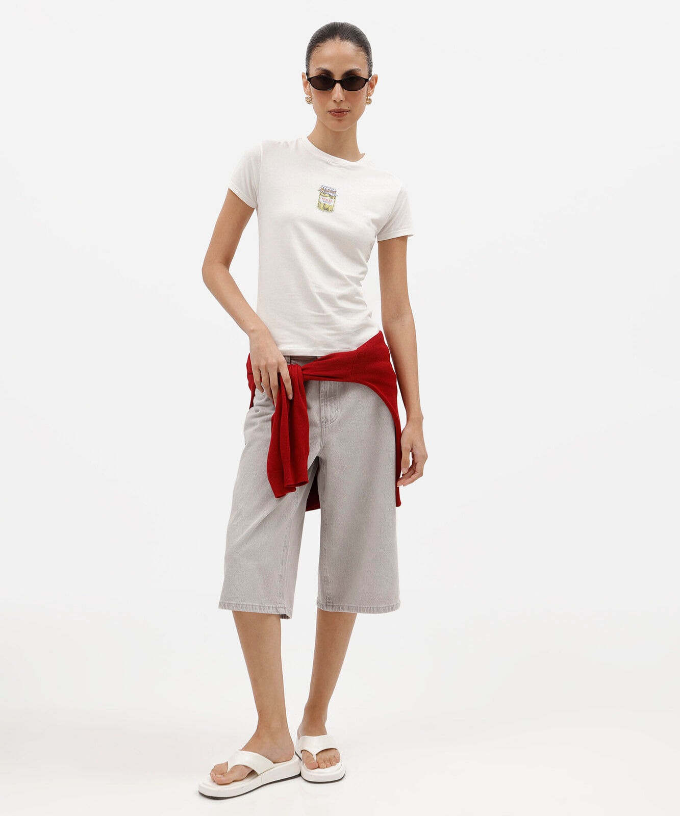camiseta baby look feminina de algodão manga curta estampada básica off white
