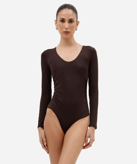 body feminino de poliamida decote v manga longa franzido marrom