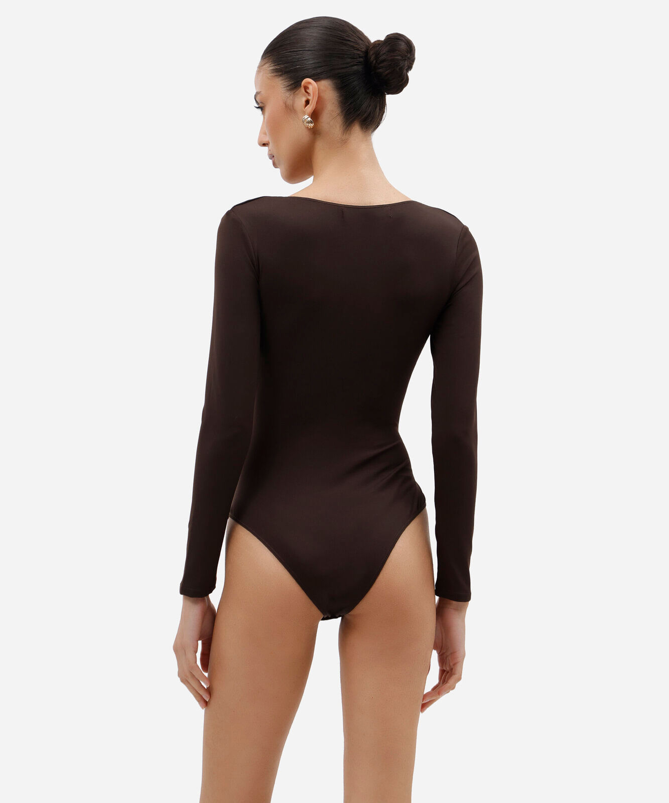 body feminino de poliamida decote v manga longa franzido marrom