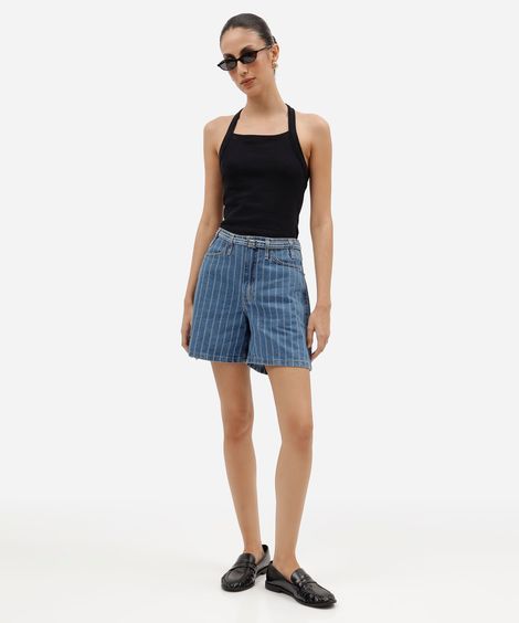 short feminino jeans cintura alta com cinto listrado azul